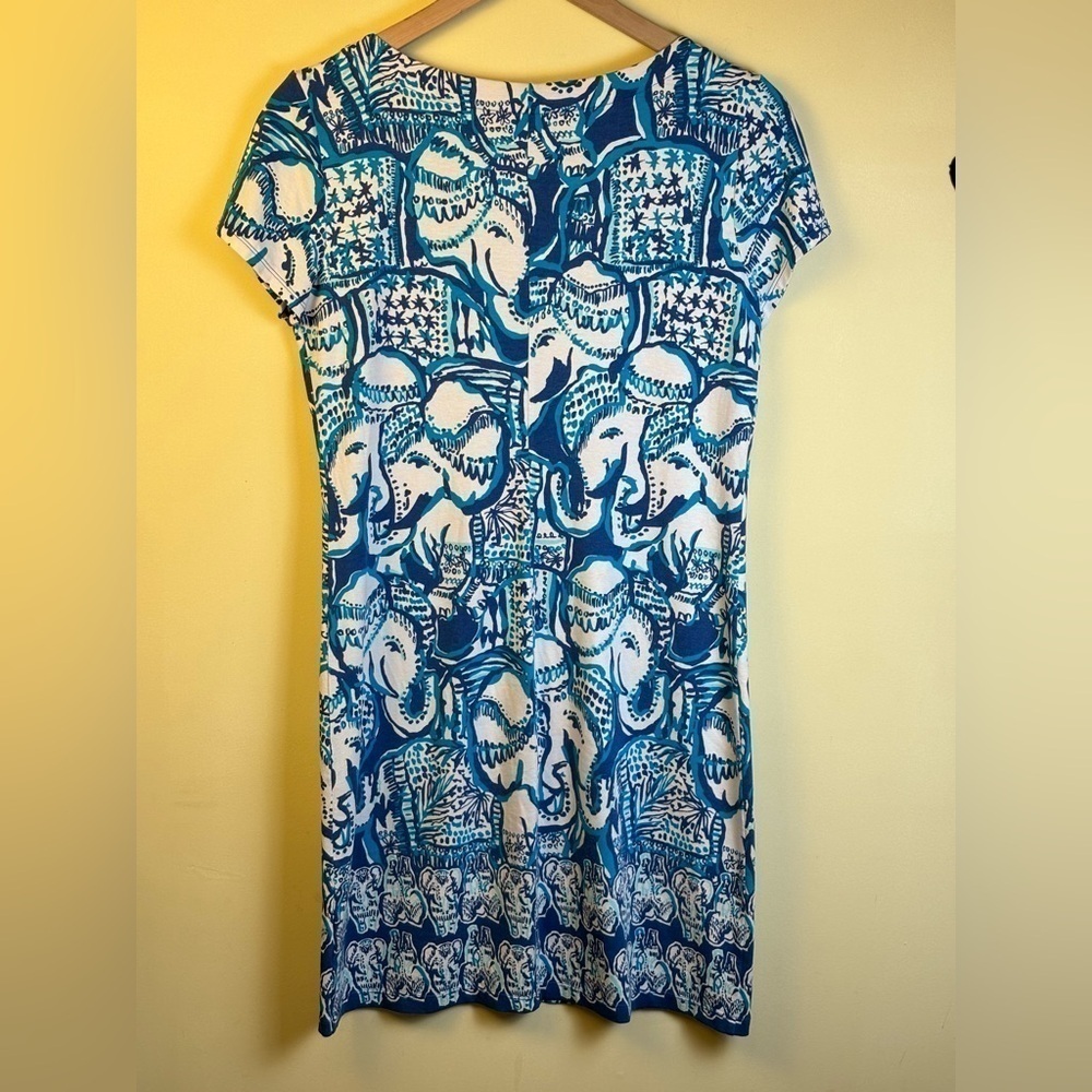 Lilly Pulitzer Blue Teal Elephant Dress Short Sleeve Split Neck Size Small - Picture 3 of 4